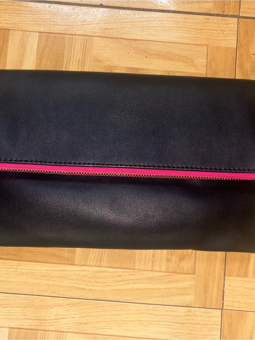 Charming Charlie Black Foldover Clutch with Pink Zip Accent